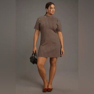 NWT Anthropologie 1X Plus Size The Nina Short-Sleeve Mock-Neck Mod Mini‎ Dress